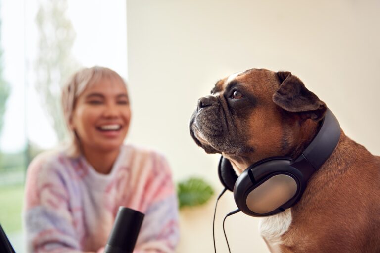 Femme avec un bouledogue français portant des écouteurs enregistrant un podcast ou diffusant à la radio à la maison